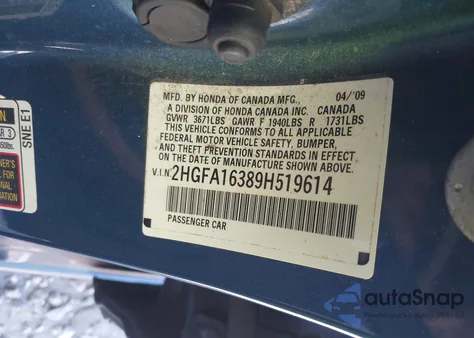 2009 Honda Civic Vp from USA, damaged, VIN 2HGFA16389H519614